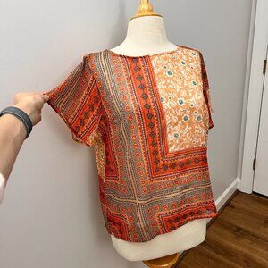 Renee C. Orange Patterned Layered Top Sz M